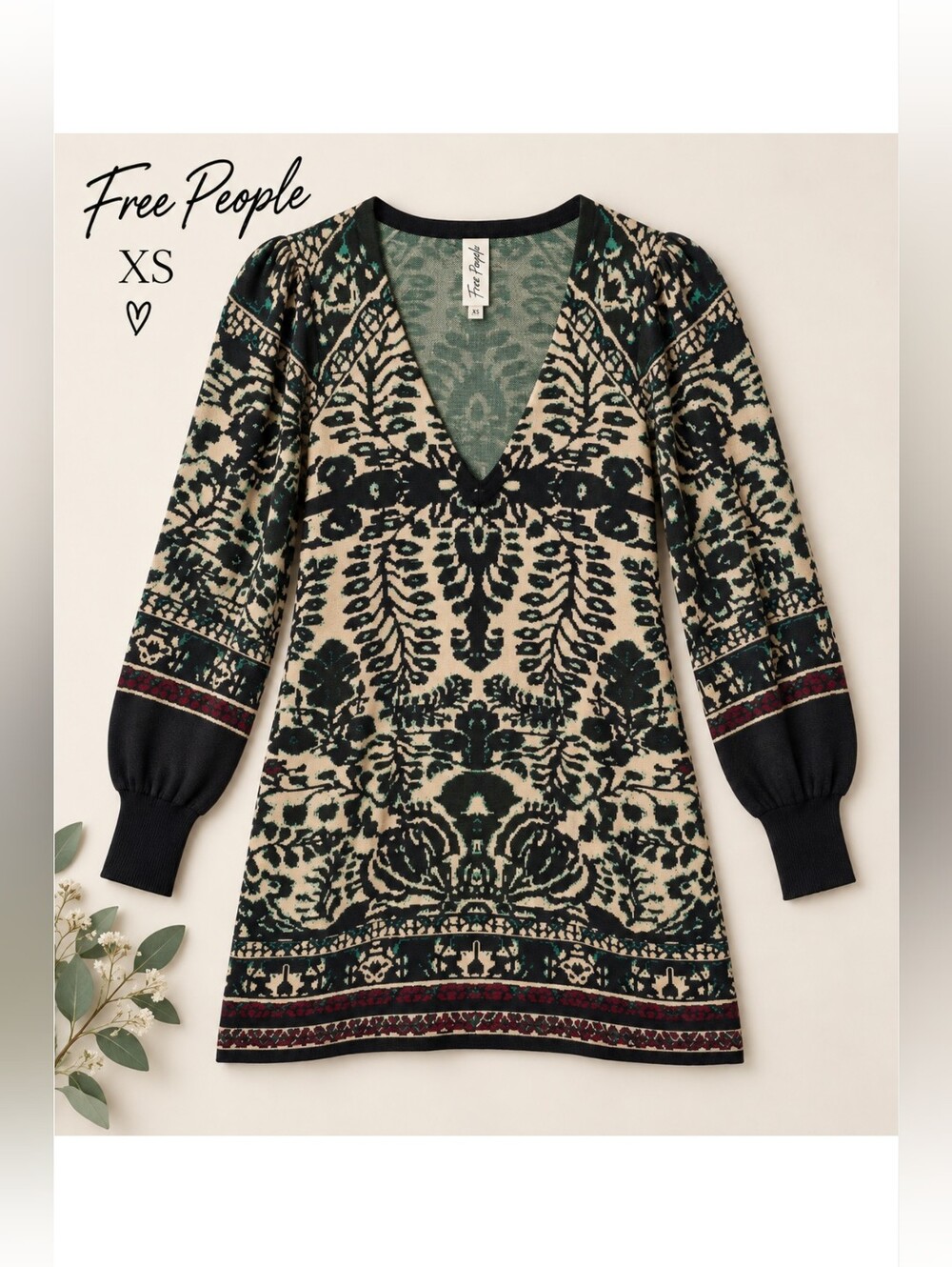 EUC Free People Boho Green and Cream Knit Tunic Sweater Mini Dress, XS
